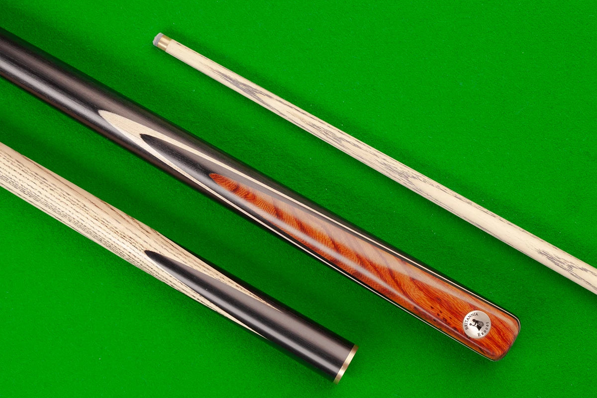 Close-up of Exocet Britannia Pro 8 Ball cue with detailed wood grain finish.