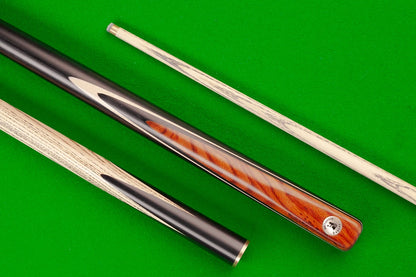Close-up of Exocet Britannia Pro 8 Ball cue with detailed wood grain finish.