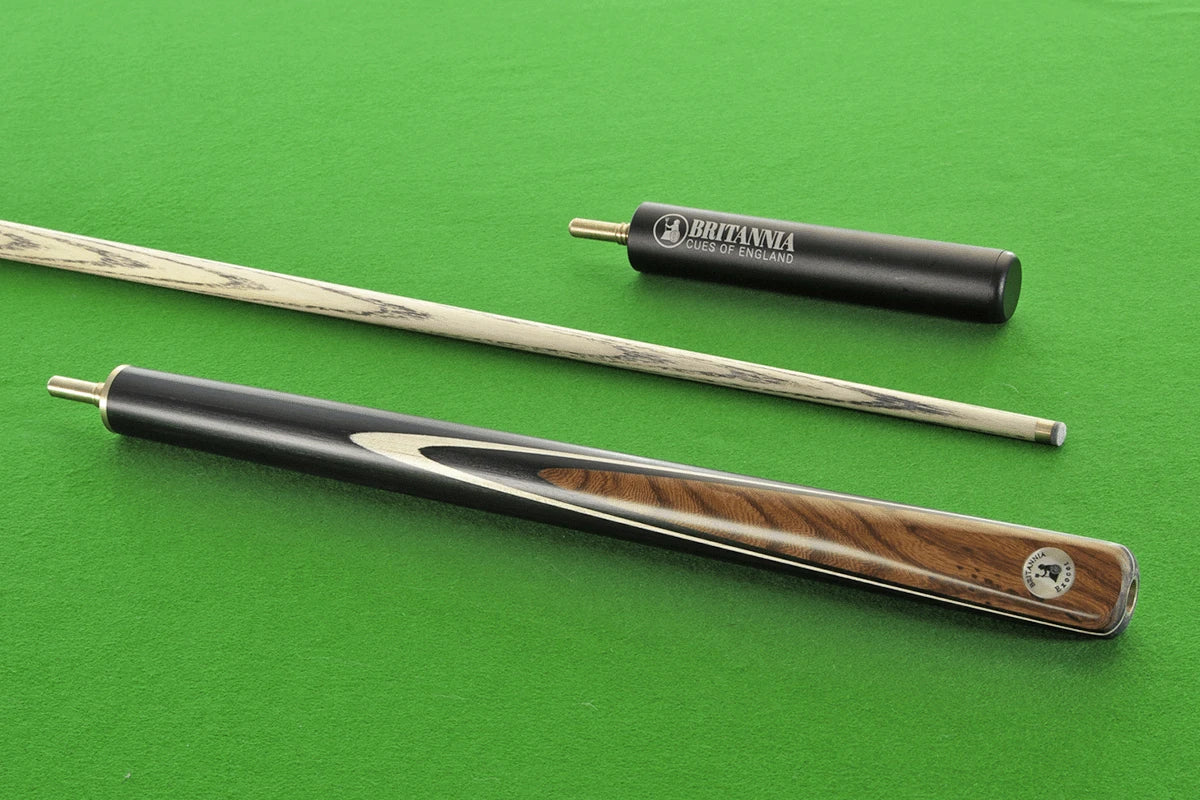 Exocet Britannia Pro 8 Ball cue with 3/4 joint, sleek design on green table.