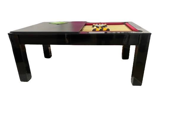6' gloss black Rosetta pool dining table with removable top, revealing a red felt pool surface.