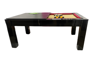 6' gloss black Rosetta pool dining table with removable top, revealing a red felt pool surface.