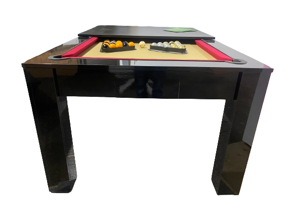 Front view of the Rosetta pool dining table in gloss black with red felt and pool balls.