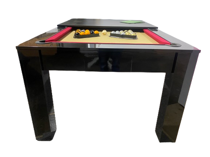 Front view of the Rosetta pool dining table in gloss black with red felt and pool balls.