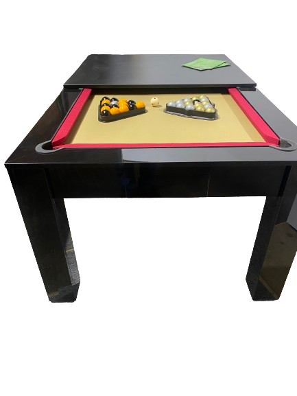 Rosetta pool dining table with red felt, gloss black finish, and pool balls set up.