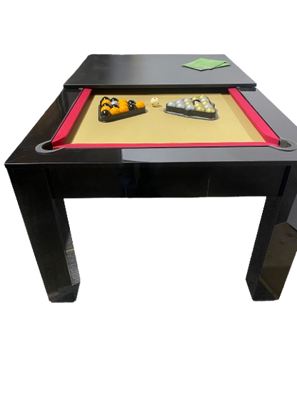 Rosetta pool dining table with red felt, gloss black finish, and pool balls set up.