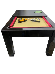 Rosetta pool dining table with red felt, gloss black finish, and pool balls set up.