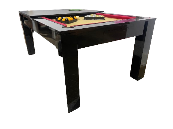Angled view of the Rosetta pool dining table with a removable top and red felt surface.