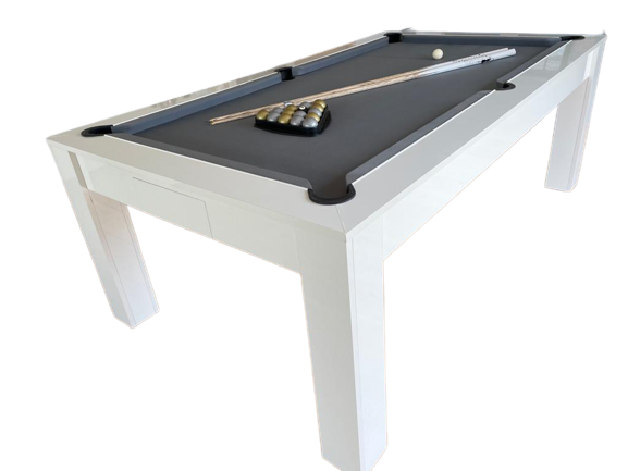 7' Revolution American pool dining table with sleek white frame and black felt.