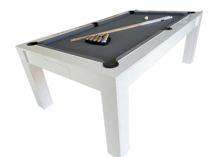 7' Revolution American pool dining table with sleek white frame and black felt.