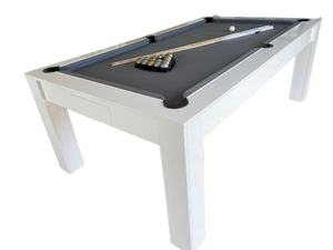 7' gloss white pool dining table with black cloth and accessories.