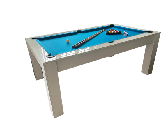 7' gloss white pool dining table with blue cloth and accessories.