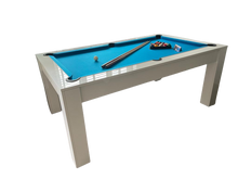 Load image into Gallery viewer, 7&#39; gloss white pool dining table with blue cloth and accessories.