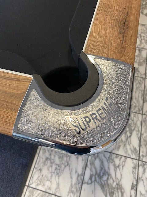 SUPREME Winner chrome metal corner plate installed on a pool table.