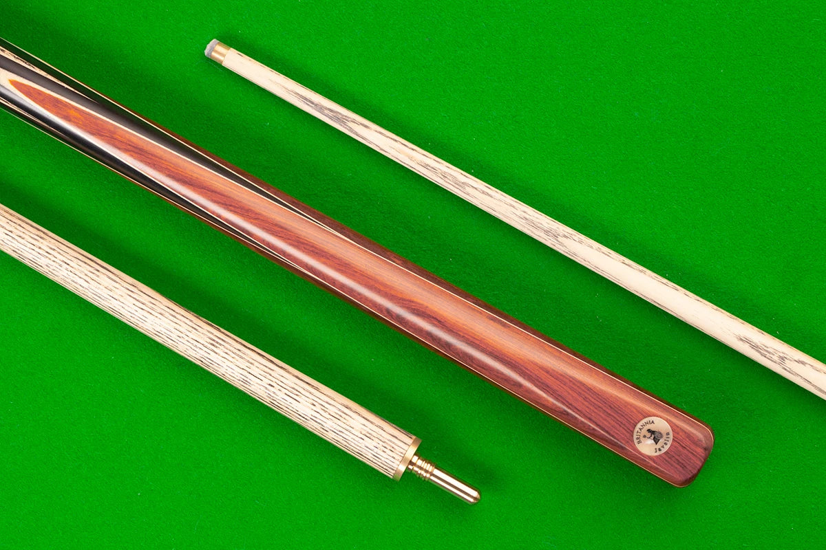 Close-up of Javelin Britannia 8 Ball Pro Cue showcasing wood grain finish.