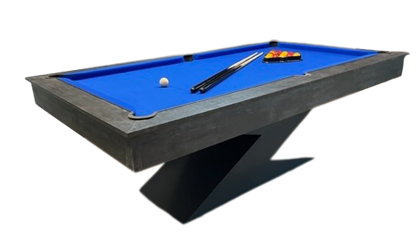 Monaco Grey Lightning pool diner table with blue felt and sleek Z-shaped base.
