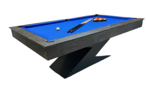 Monaco Grey Lightning pool diner table with blue felt and sleek Z-shaped base.