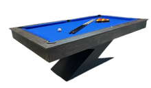 Load image into Gallery viewer, Monaco Grey Lightning pool diner table with blue felt and sleek Z-shaped base.
