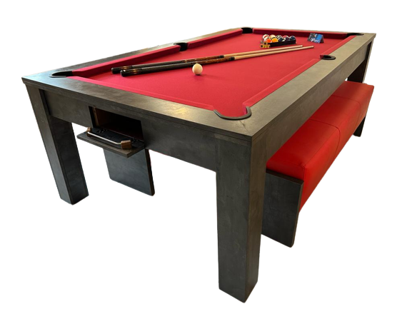 7' Revolution American pool dining table with red felt and modern design.