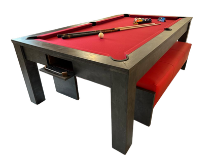 7' Revolution American pool dining table with red felt and modern design.