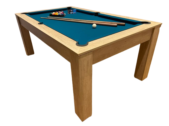 7' Revolution American pool dining table with blue felt and oak finish.