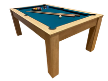Load image into Gallery viewer, 7&#39; Revolution American pool dining table with blue felt and oak finish.