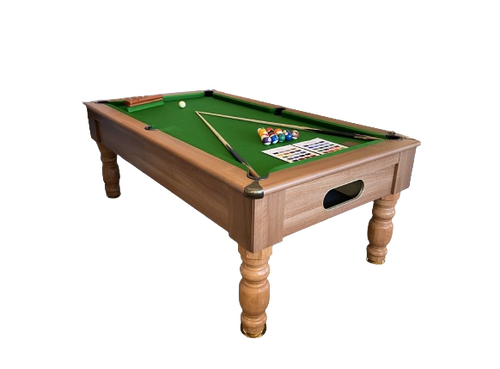 Optima Rennes walnut finish slate bed pool table with green cloth and accessories.