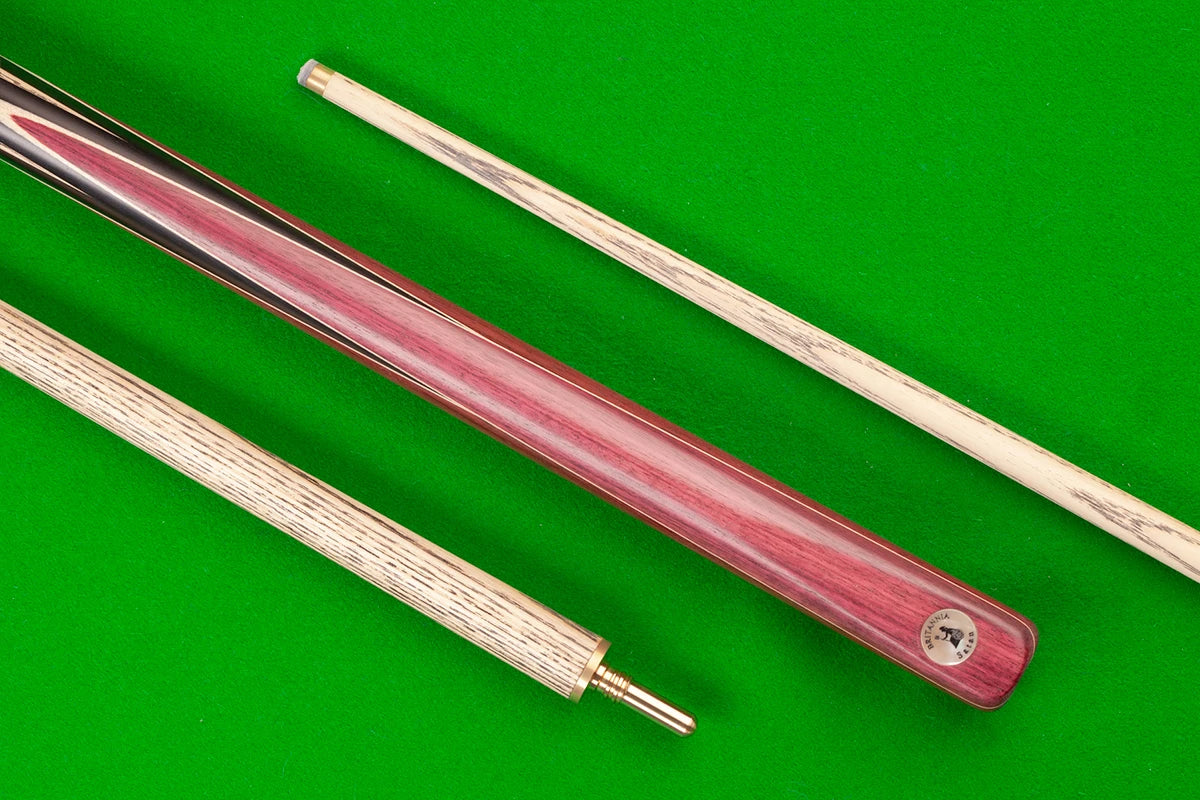 Close-up of Satan Britannia 8 Ball Pro Cue two-piece with polished wood design.