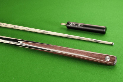 Satan Britannia 8 Ball Pro Cue two-piece with sleek wood finish on green felt.