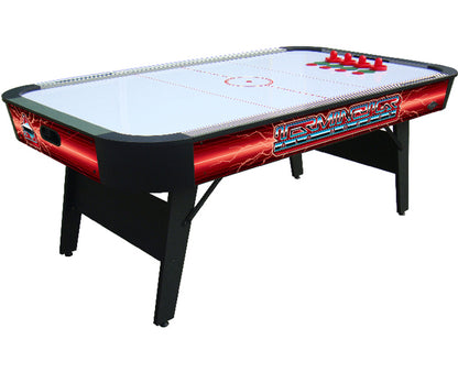 Buffalo Terminator Air Hockey table with folding legs and vibrant red design.