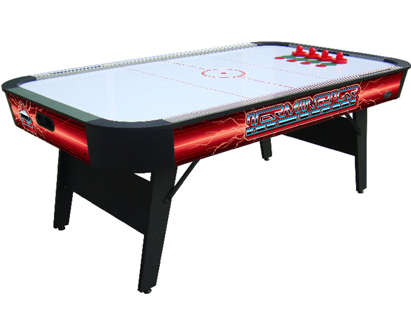 Buffalo Terminator Air Hockey table with folding legs and vibrant red design.