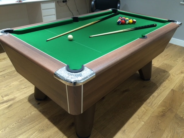 Pool table with SUPREME Winner chrome metal corner plates and green felt.