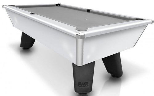 White Cry Wolf slate bed pool table with free play feature and modern design.