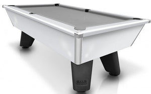 White Cry Wolf slate bed pool table with free play feature and modern design.
