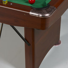 Load image into Gallery viewer, Close-up of Buffalo Challenger 6&#39; pool table corner with folding leg design.