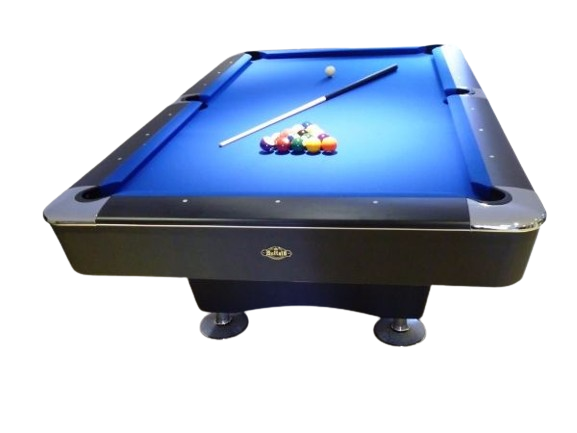 Front view of Buffalo Dominator 9' American pool table with blue felt and pool balls.