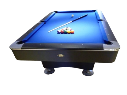 Front view of Buffalo Dominator 9' American pool table with blue felt and pool balls.