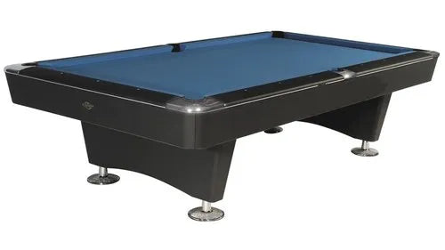 Side view of Buffalo Dominator 9' American pool table with sleek black laminate finish.