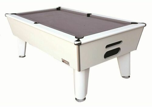 White Optima Classic free play slate bed pool table with a sleek modern design.
