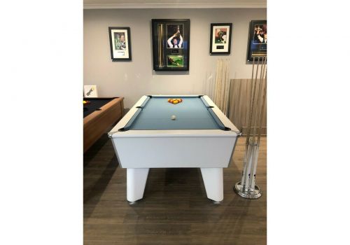 Front view of the White Optima Classic slate bed pool table with blue felt.