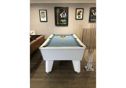 Front view of the White Optima Classic slate bed pool table with blue felt.