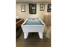 Load image into Gallery viewer, Front view of the White Optima Classic slate bed pool table with blue felt.
