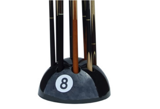 Black 8 Ball Cue Stand holding multiple pool cues with a weighted base.