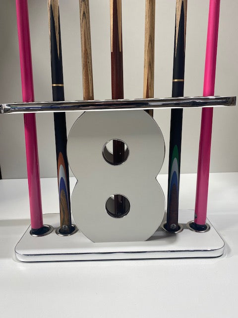 Close-up of Superpool '8' Cue Stand with modern chrome-trimmed design.