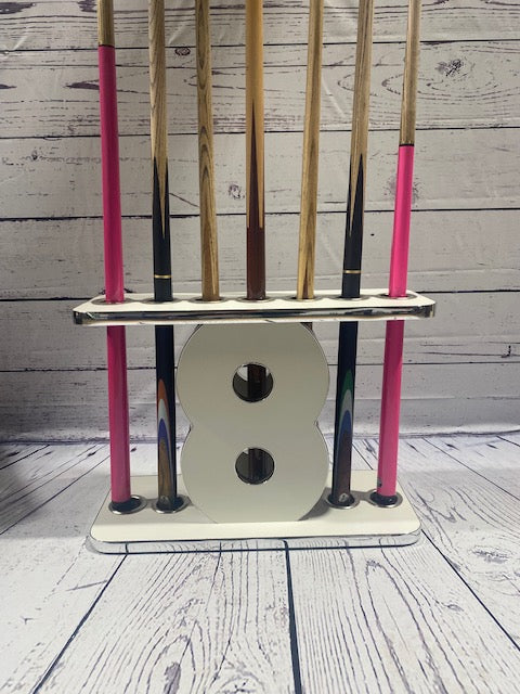 Superpool Original '8' Cue Stand holding five cues with chrome trim.