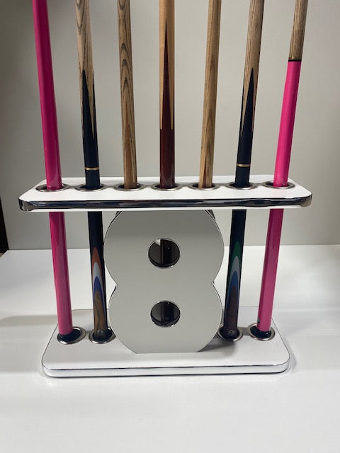 Front view of Superpool '8' Cue Stand with sleek chrome accents.