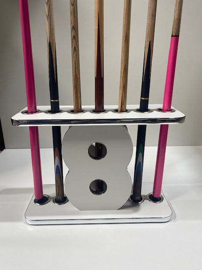 Front view of Superpool '8' Cue Stand with sleek chrome accents.
