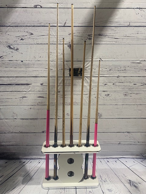 Superpool '8' Cue Stand showcasing its capacity to hold multiple cues.