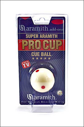 Aramith ProCup spotted cue ball 1 7/8 inches in retail packaging.