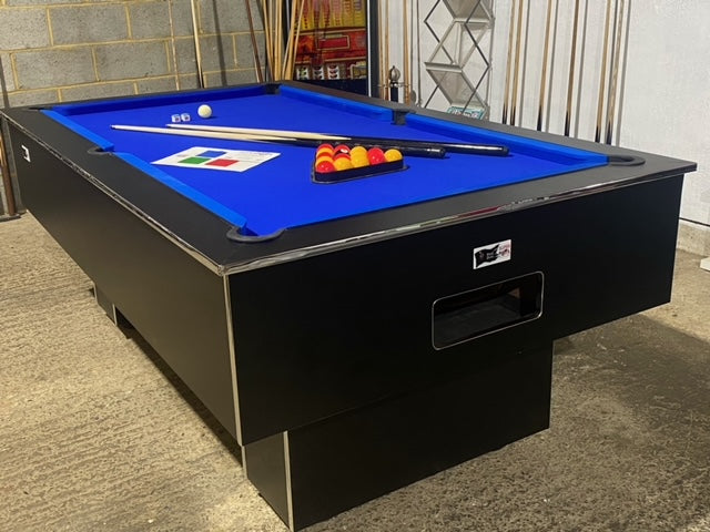 Superpool Black Pearl pool table with blue felt and accessories in a showroom.