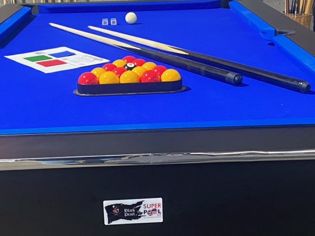 Superpool Black Pearl pool table with blue felt and match play accessories.